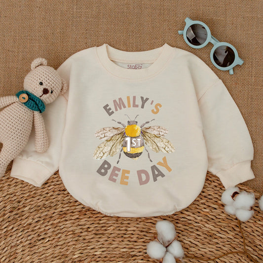 Personalized First Bee Day Birthday Romper for Baby Girl, Emily's Bee Day Outfit, Watercolor Honeybee Gold Smash Cake Bodysuit