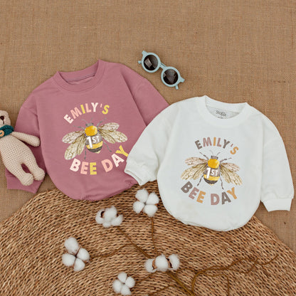 Personalized First Bee Day Birthday Romper for Baby Girl, Emily's Bee Day Outfit, Watercolor Honeybee Gold Smash Cake Bodysuit