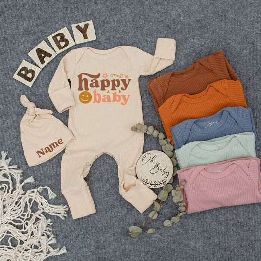 Personalized Retro Happy Baby Bodysuit and Hat Set with Smiling Face Icon Brown Peach Design Starbursts Custom Name Newborn Gift