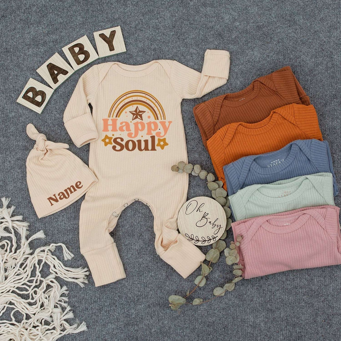 Personalized Happy Soul Baby Bodysuit & Hat Set with Name, Cute Tan Brown Rainbow Print Newborn Gift Outfit for Girls Boys, Soft Cotton Romper