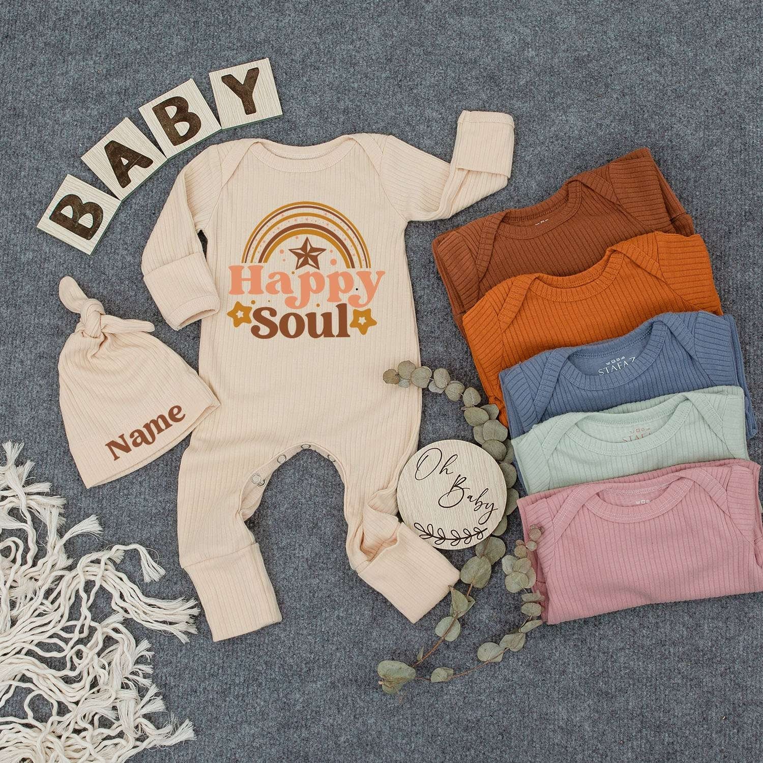 Personalized Happy Soul Baby Bodysuit & Hat Set with Name, Cute Tan Brown Rainbow Print Newborn Gift Outfit for Girls Boys, Soft Cotton Romper