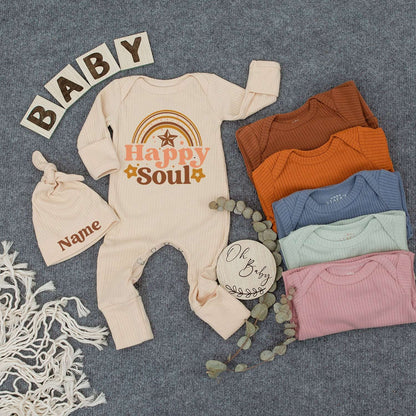 Personalized Happy Soul Baby Bodysuit & Hat Set with Name, Cute Tan Brown Rainbow Print Newborn Gift Outfit for Girls Boys, Soft Cotton Romper