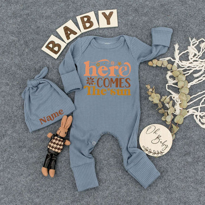 Here Comes The Sun Retro Baby Bodysuit and Hat Set Newborn Infant Outfit Playful 70s Orange Tan Sunburst Floral Graphics New Mom Gift Funny Romper