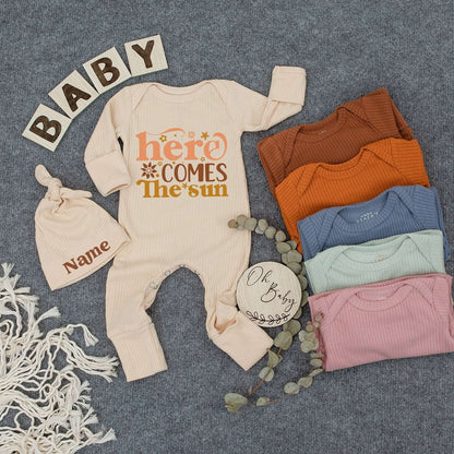 Here Comes The Sun Retro Baby Bodysuit and Hat Set Newborn Infant Outfit Playful 70s Orange Tan Sunburst Floral Graphics New Mom Gift Funny Romper