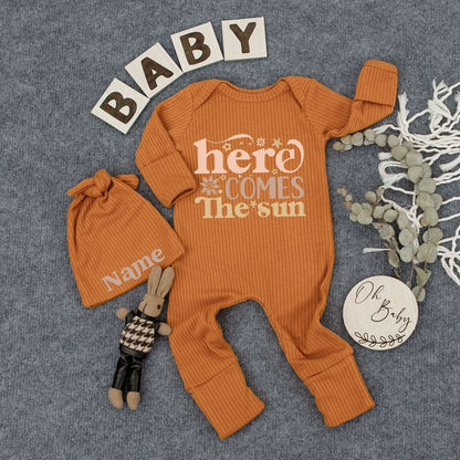Here Comes The Sun Retro Baby Bodysuit and Hat Set Newborn Infant Outfit Playful 70s Orange Tan Sunburst Floral Graphics New Mom Gift Funny Romper