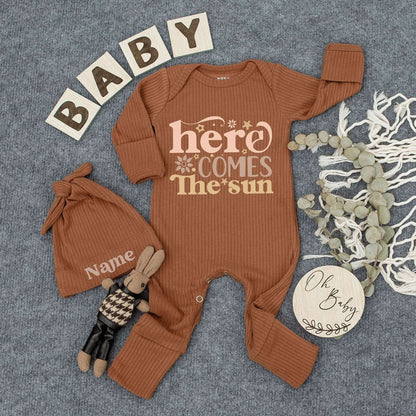 Here Comes The Sun Retro Baby Bodysuit and Hat Set Newborn Infant Outfit Playful 70s Orange Tan Sunburst Floral Graphics New Mom Gift Funny Romper
