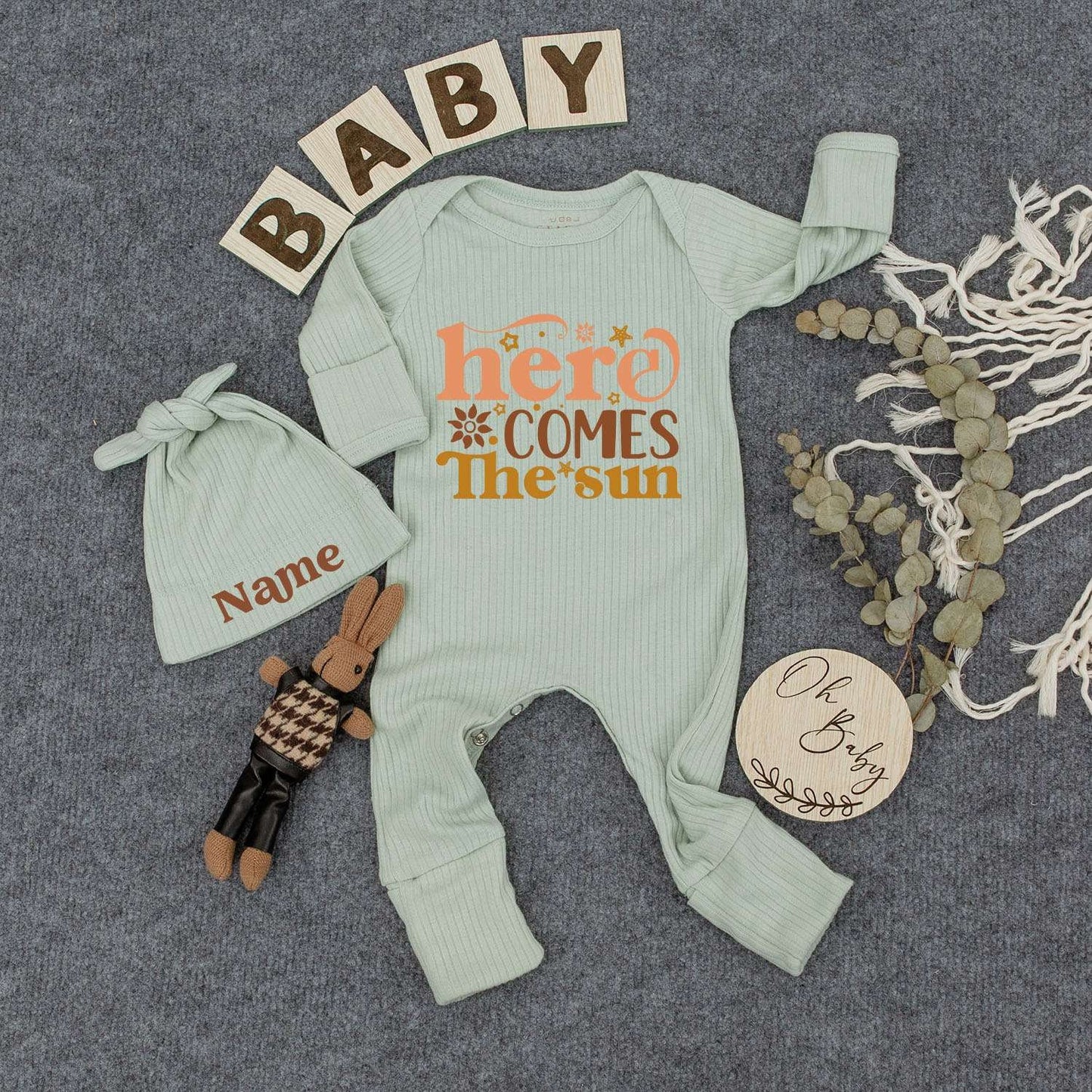 Here Comes The Sun Retro Baby Bodysuit and Hat Set Newborn Infant Outfit Playful 70s Orange Tan Sunburst Floral Graphics New Mom Gift Funny Romper