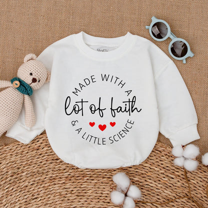 Made With A Lot Of Faith & A Little Science IVF Baby Romper Bodysuit Newborn Clothes Pregnancy Announcement Gift Modern Design Red Hearts