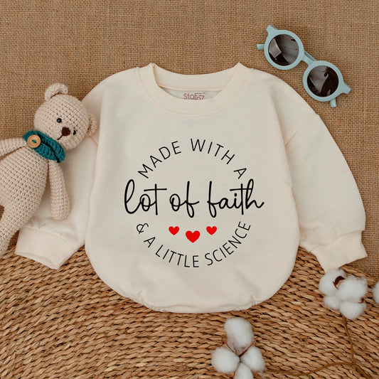Made With A Lot Of Faith & A Little Science IVF Baby Romper Bodysuit Newborn Clothes Pregnancy Announcement Gift Modern Design Red Hearts