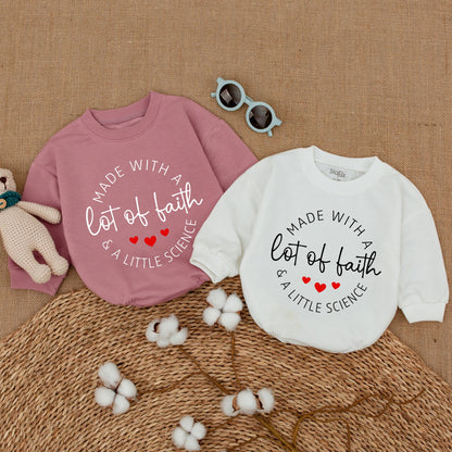 Made With A Lot Of Faith & A Little Science IVF Baby Romper Bodysuit Newborn Clothes Pregnancy Announcement Gift Modern Design Red Hearts