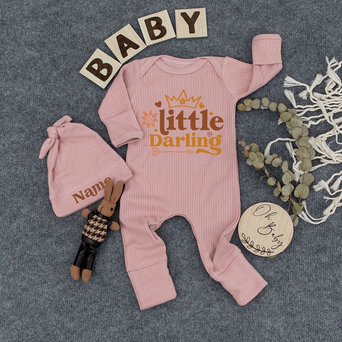 Al Dente Italian Pasta Baby Romper 'little Darling' Print Whimsical Floral Crown Design Cute Minimalist Tan Peach Newborn Outfit Shower Gift