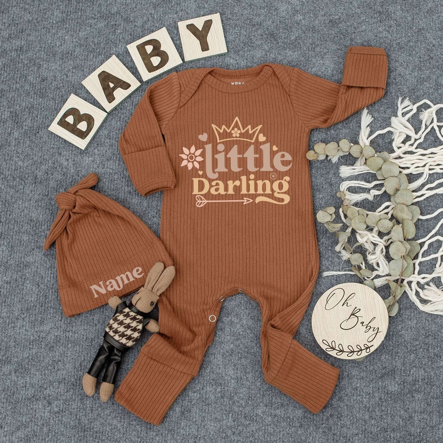 Al Dente Italian Pasta Baby Romper 'little Darling' Print Whimsical Floral Crown Design Cute Minimalist Tan Peach Newborn Outfit Shower Gift