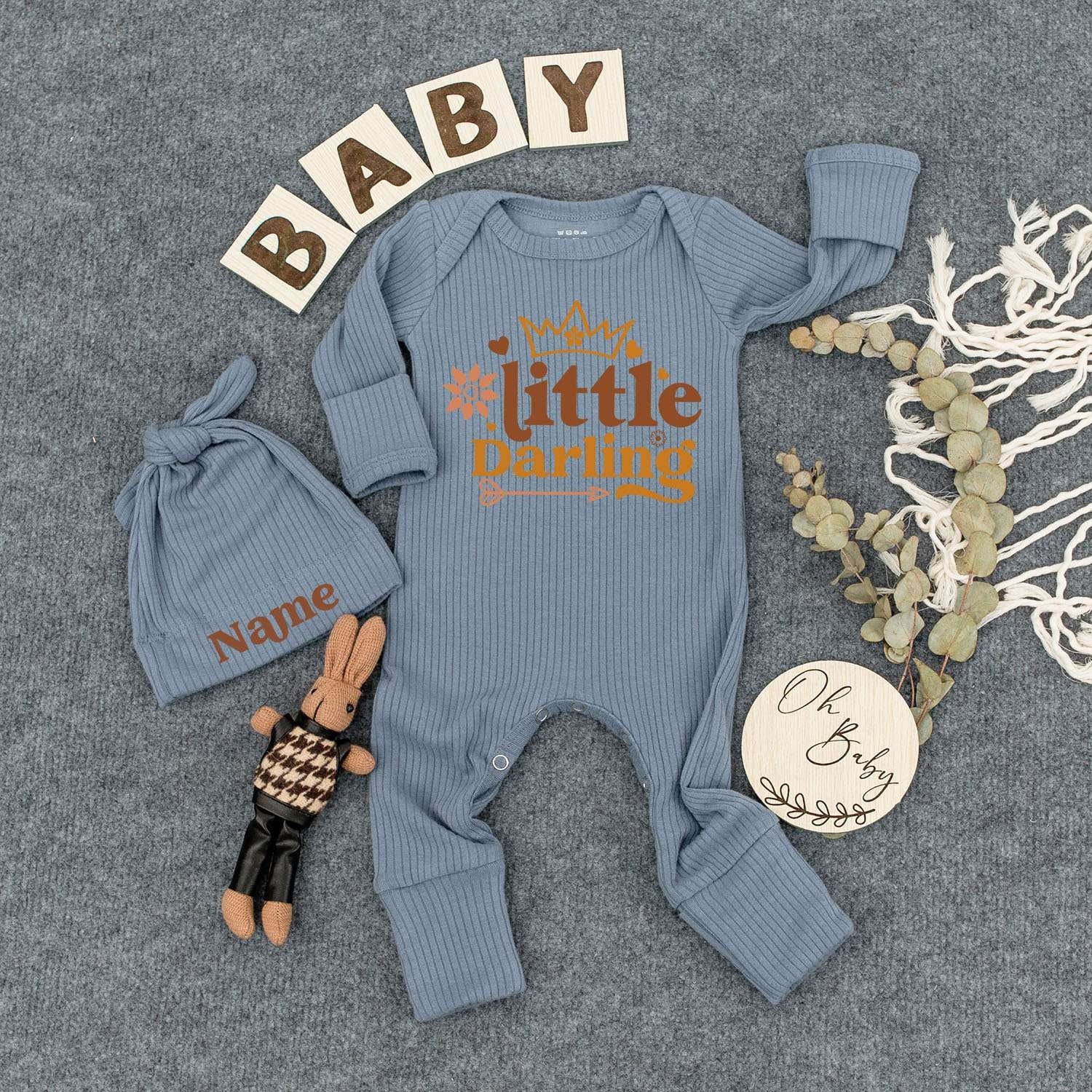 Al Dente Italian Pasta Baby Romper 'little Darling' Print Whimsical Floral Crown Design Cute Minimalist Tan Peach Newborn Outfit Shower Gift