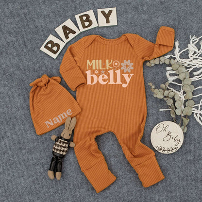 Playful Milk Belly Newborn Bodysuit & Hat Set Cute Retro Infant Outfit with Whimsical Stars Flowers Design Funny Baby Romper Gift Sleepsuit