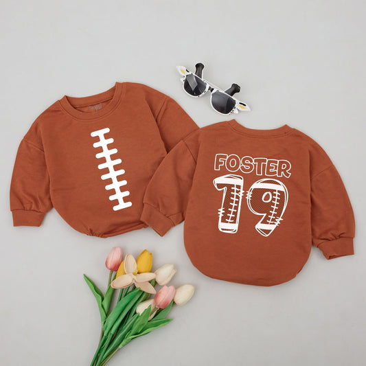 Personalized Football Baby Romper with Name Number on Back Sporty Playful Infant Outfit White Laces Design for Game Day Baby Shower Gift