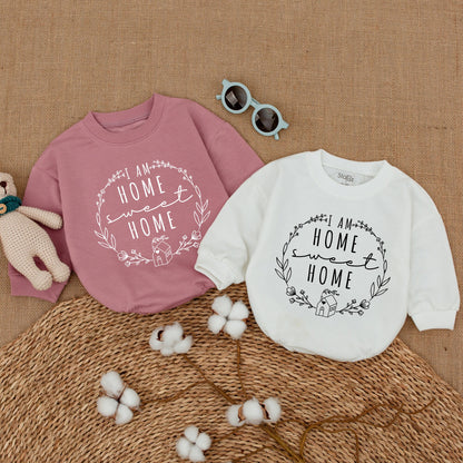 I Am Home Sweet Home Wreath Design Baby Romper Minimalist Bubble Bodysuit Cute House Artwork New Baby Gift Pregnancy Announcement Outfit