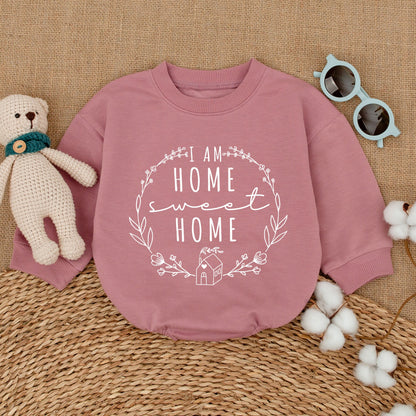 I Am Home Sweet Home Wreath Design Baby Romper Minimalist Bubble Bodysuit Cute House Artwork New Baby Gift Pregnancy Announcement Outfit