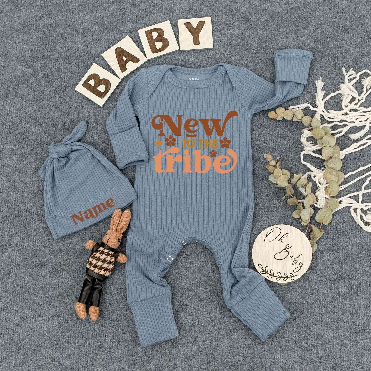 Personalized Newborn 'New to the Tribe' Bodysuit Hat Set Custom Name Baby Gift Cute Floral Retro Whimsical Outfit Brown Peach Two-Toned Infant Sleepsuit