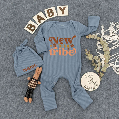 Personalized Newborn 'New to the Tribe' Bodysuit Hat Set Custom Name Baby Gift Cute Floral Retro Whimsical Outfit Brown Peach Two-Toned Infant Sleepsuit