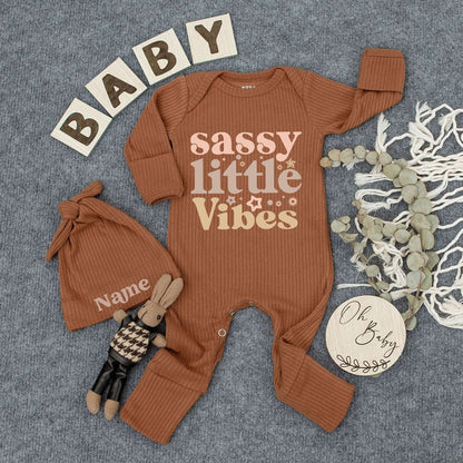 Sassy Little Vibes Baby Bodysuit Hat Set Personalized Retro Style Newborn Outfit Funny Infant Sleepsuit Brown Reddish Gold Star Dot