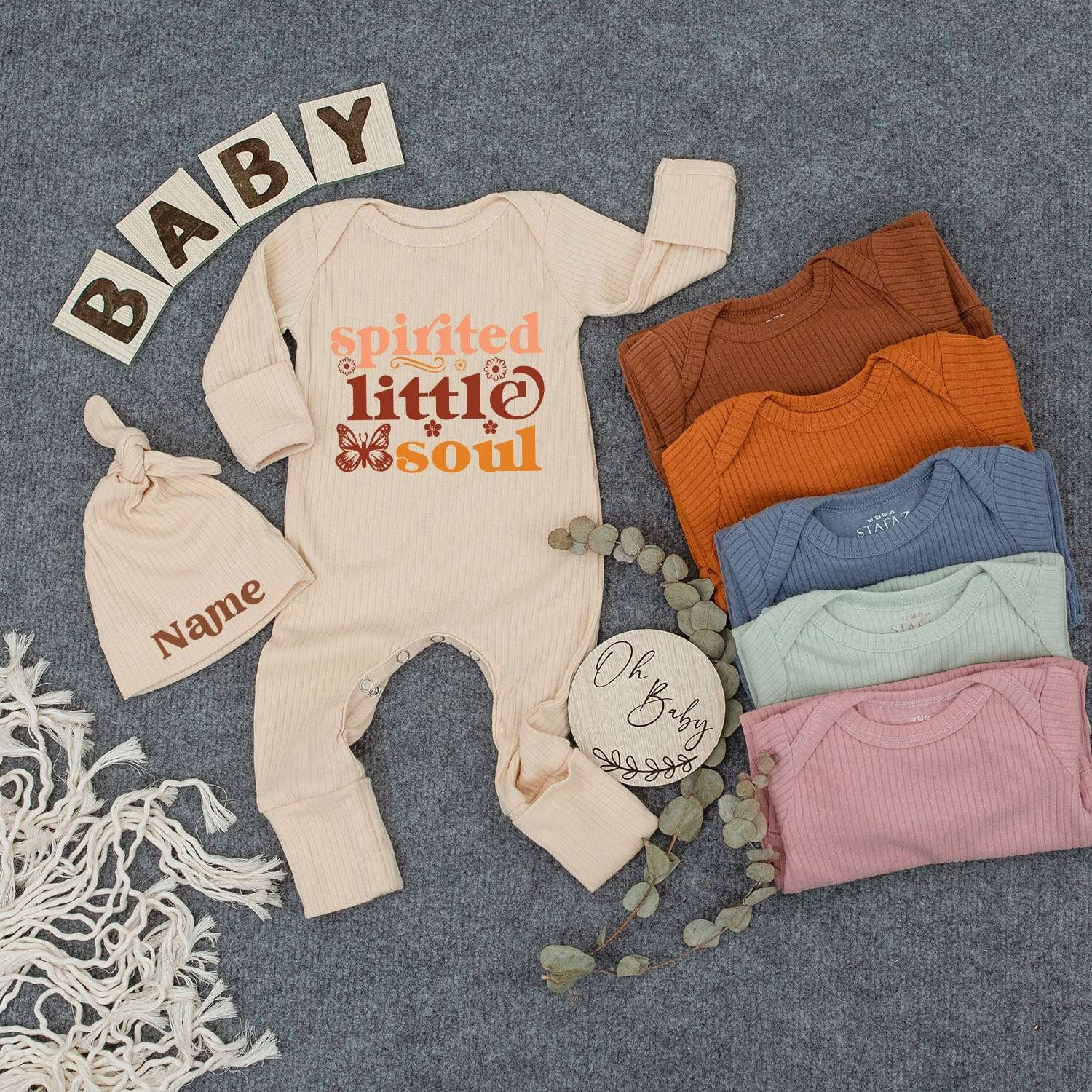 Spirited Little Soul Baby Bodysuit & Hat Set Floral Butterfly Retro Design Warm Tones Newborn Outfit Custom Shower Gift Cotton Cute Infant Clothes
