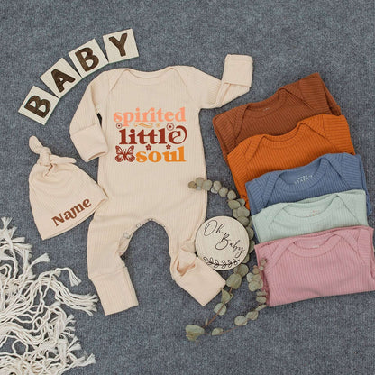 Spirited Little Soul Baby Bodysuit & Hat Set Floral Butterfly Retro Design Warm Tones Newborn Outfit Custom Shower Gift Cotton Cute Infant Clothes