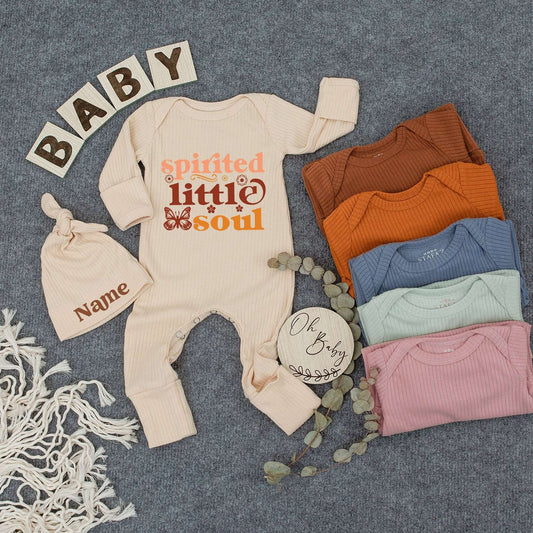 Spirited Little Soul Baby Bodysuit & Hat Set Floral Butterfly Retro Design Warm Tones Newborn Outfit Custom Shower Gift Cotton Cute Infant Clothes