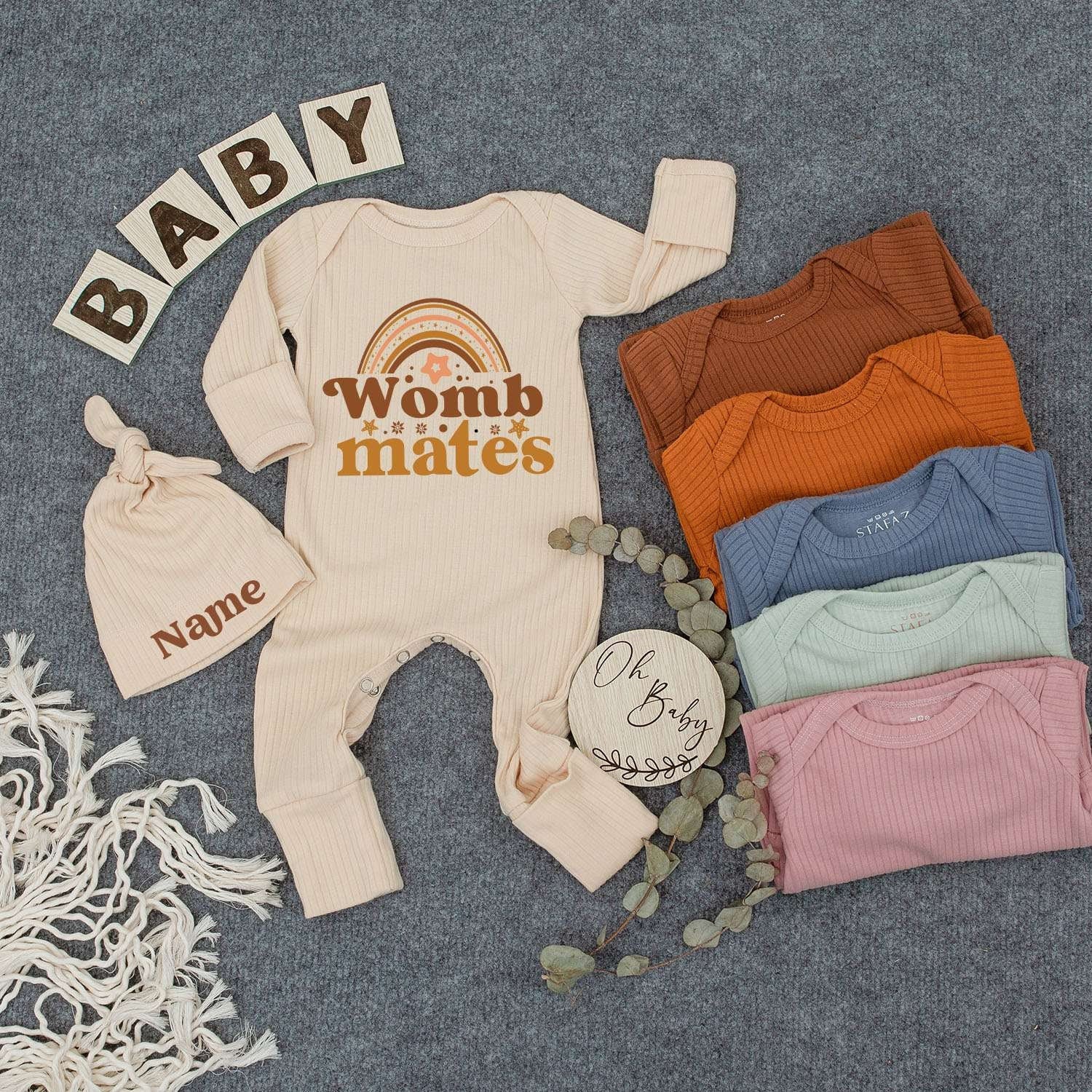 Womb Mates Bodysuit Custom Name Hat Set Cute Brown Rainbow Star Newborn Baby Twin Gift Outfit Vintage Whimsical Gender Neutral Announcement