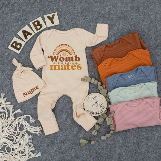 Womb Mates Bodysuit Custom Name Hat Set Cute Brown Rainbow Star Newborn Baby Twin Gift Outfit Vintage Whimsical Gender Neutral Announcement