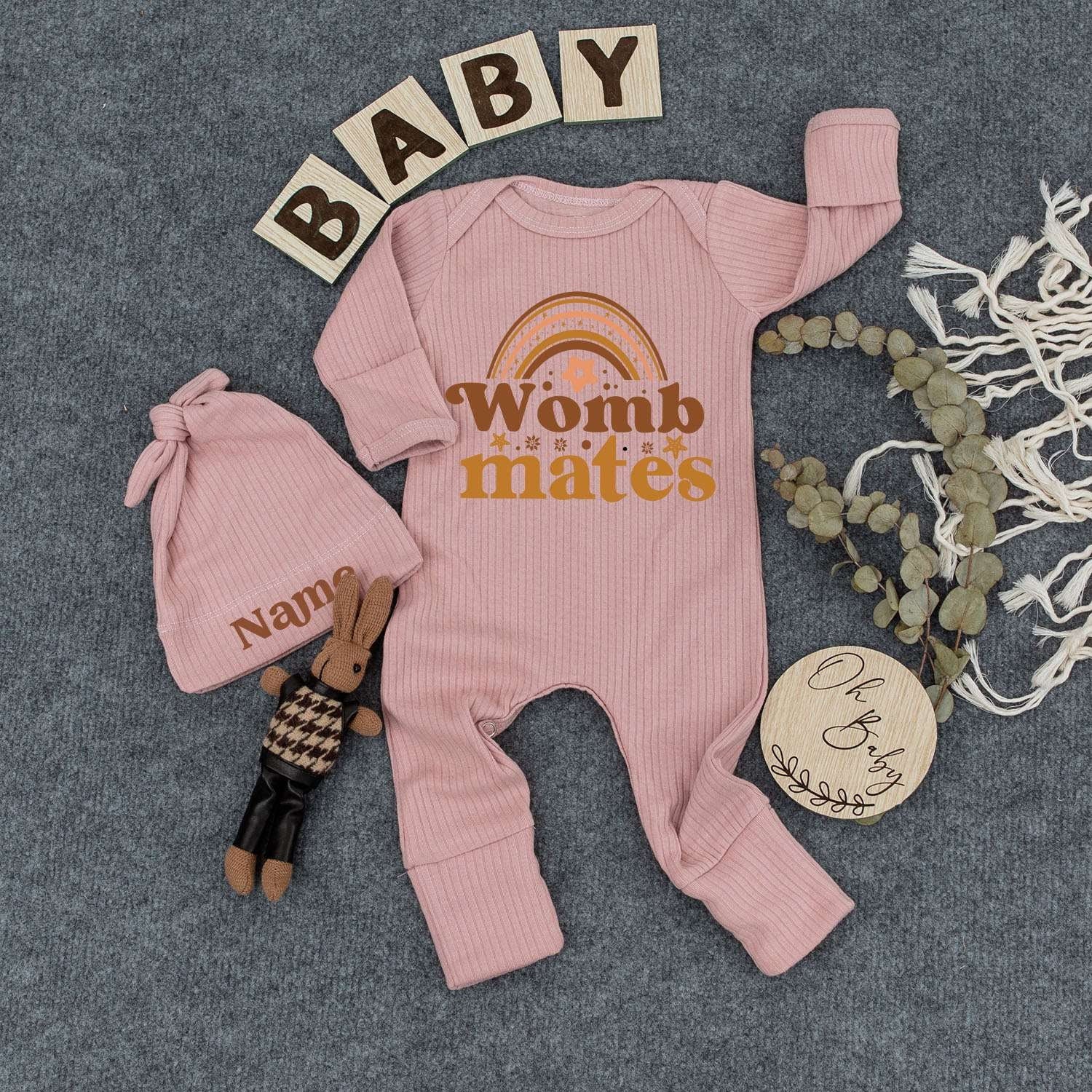 Womb Mates Bodysuit Custom Name Hat Set Cute Brown Rainbow Star Newborn Baby Twin Gift Outfit Vintage Whimsical Gender Neutral Announcement