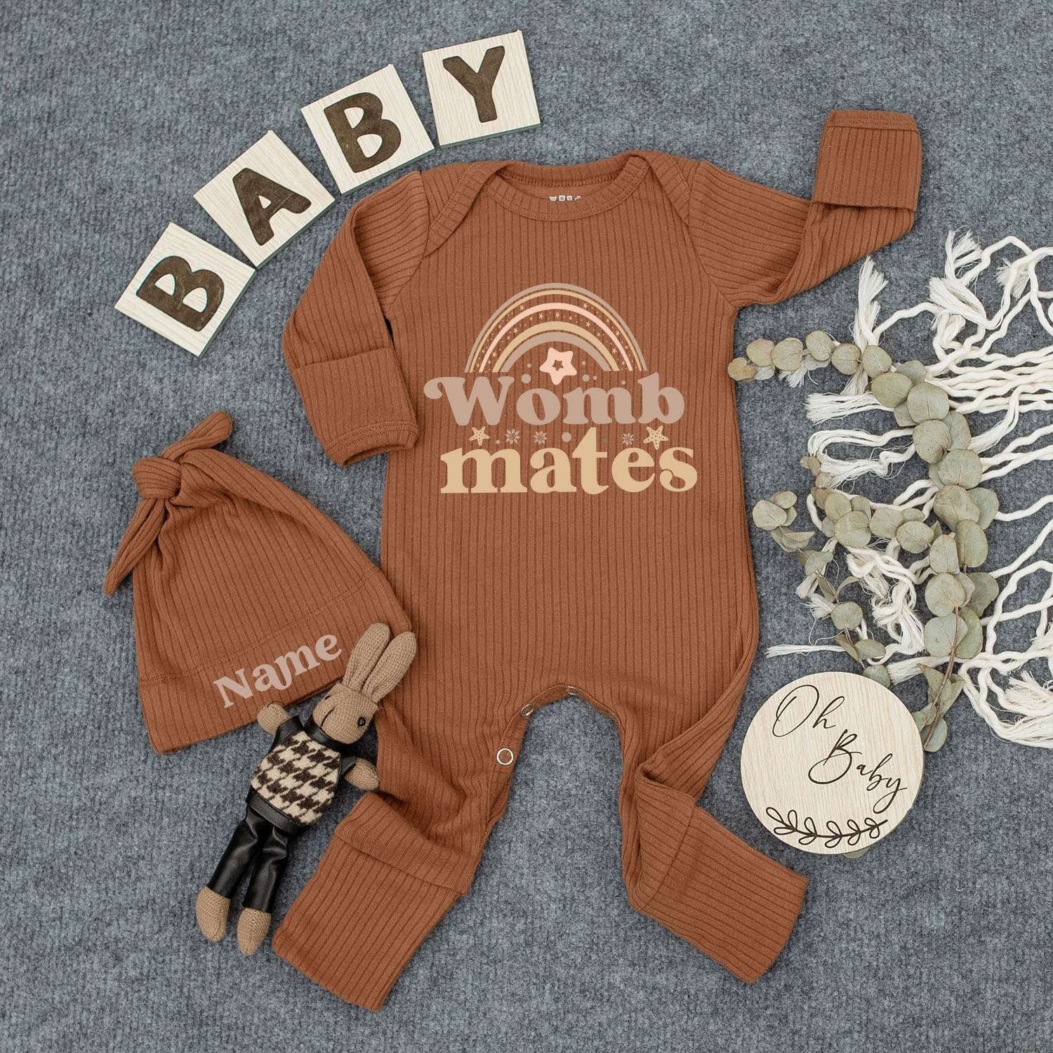 Womb Mates Bodysuit Custom Name Hat Set Cute Brown Rainbow Star Newborn Baby Twin Gift Outfit Vintage Whimsical Gender Neutral Announcement