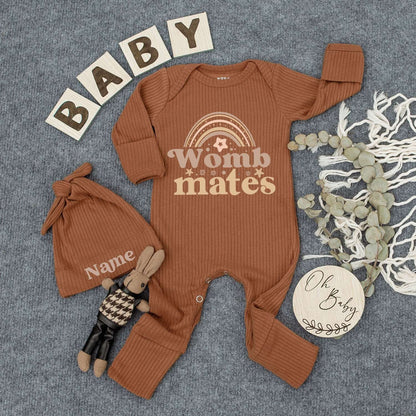 Womb Mates Bodysuit Custom Name Hat Set Cute Brown Rainbow Star Newborn Baby Twin Gift Outfit Vintage Whimsical Gender Neutral Announcement