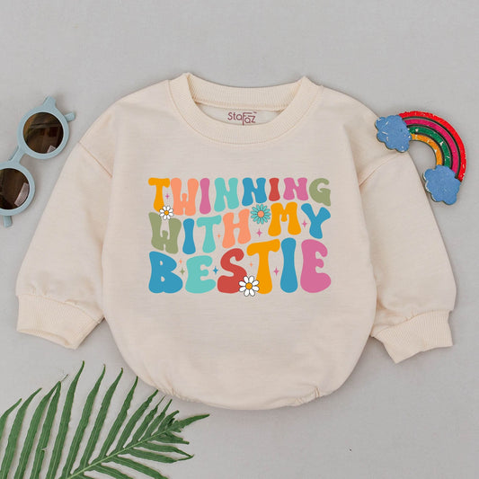 Twinning With My Bestie Retro Romper Pastel Daisy Baby Bodysuit 70s Vintage Cousin Matching Outfit Infant Shower Gift for Best Friends