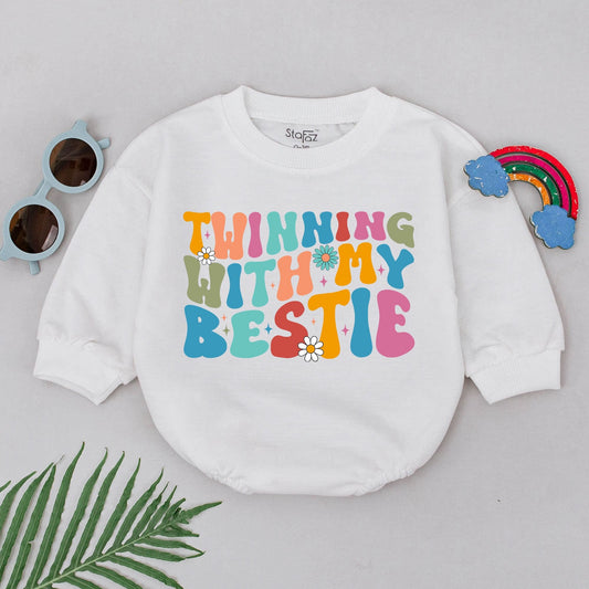 Twinning With My Bestie Retro Romper Pastel Daisy Baby Bodysuit 70s Vintage Cousin Matching Outfit Infant Shower Gift for Best Friends