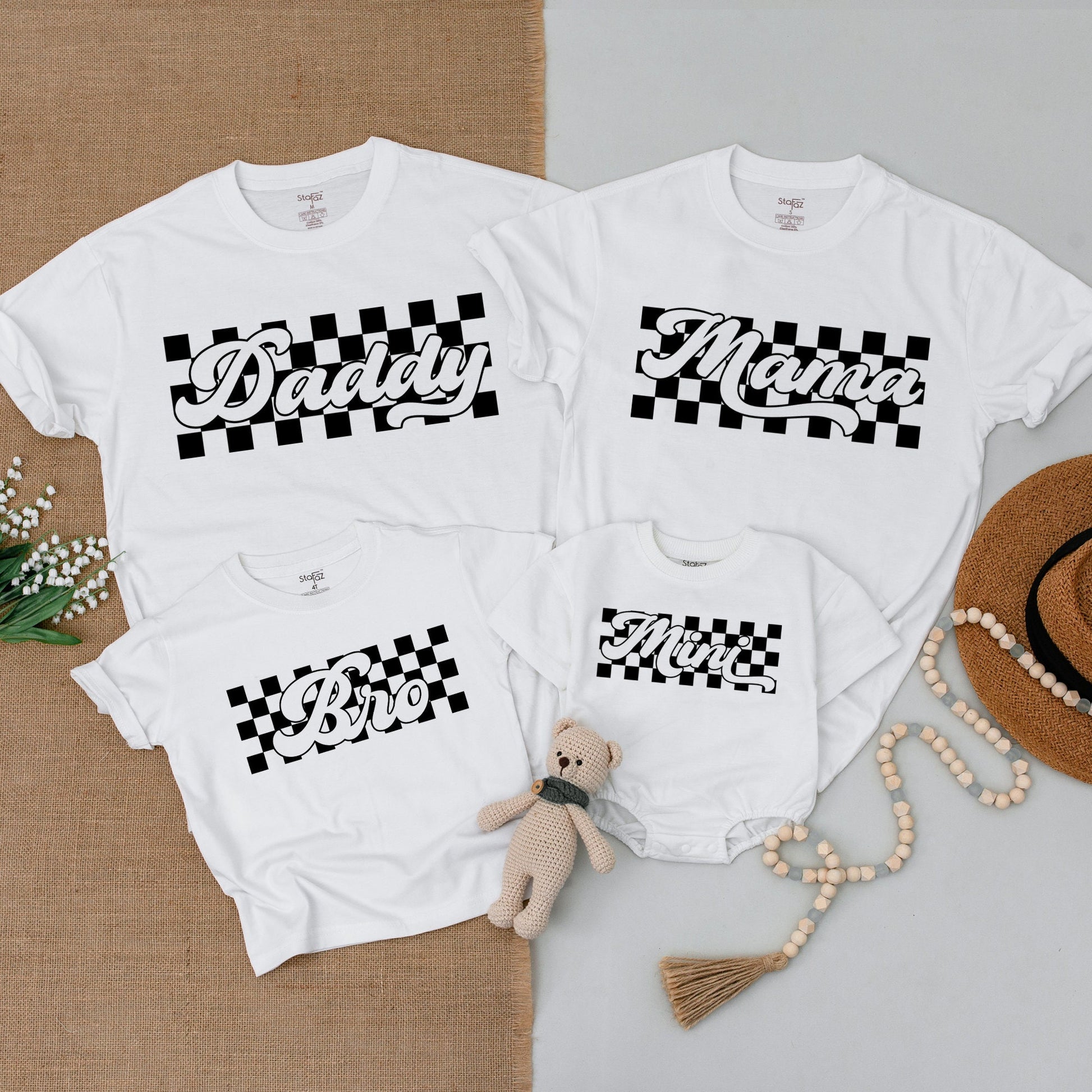 Bold Retro Black and White Checkered Matching Family Shirts Mama Daddy Bro Mini Outfits Vintage Race Car Theme Baby Bodysuit Gift