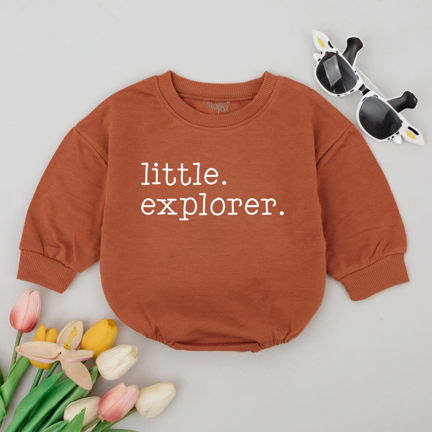 Little Explorer Baby Romper Gender Neutral Adventure Outfit with Minimalist White Text Design Oversized Summer Bodysuit for First Trip Journey