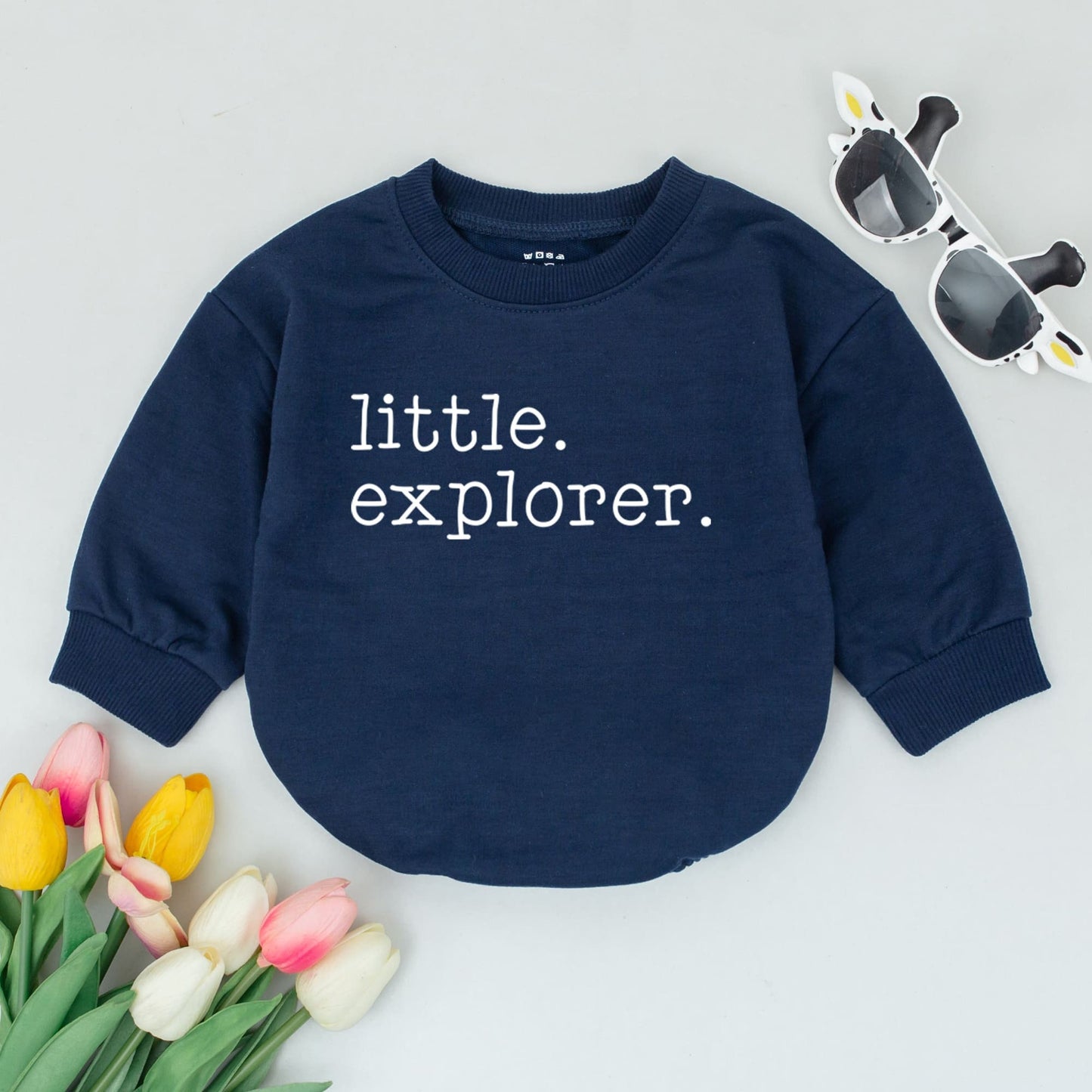 Little Explorer Baby Romper Gender Neutral Adventure Outfit with Minimalist White Text Design Oversized Summer Bodysuit for First Trip Journey
