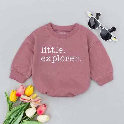 Little Explorer Baby Romper Gender Neutral Adventure Outfit with Minimalist White Text Design Oversized Summer Bodysuit for First Trip Journey