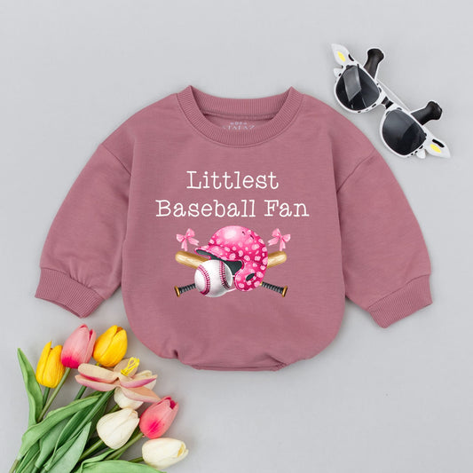 Littlest Baseball Fan Baby Romper Pink Helmet Bow Baseball Graphic Girl Bodysuit Cute Sports Infant Outfit Pregnancy Announcement Shower Gift Newborn Clothing