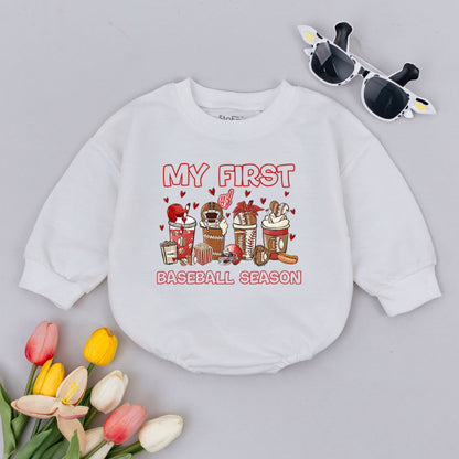 My First Baseball Season Baby Romper Bodysuit Cute Playful Sports Outfit Whimsical Baseball Drink Design Newborn Pregnancy Announcement Gift