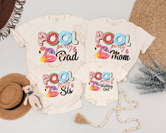 Pool Party Family Matching Shirts Fun Flamingo & Watermelon Designs Summer Celebration Outfits