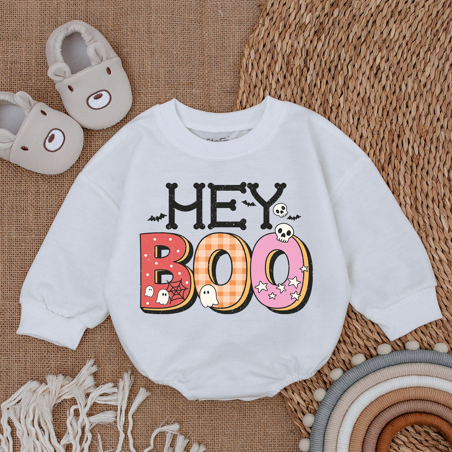 Hey Boo Retro Ghost Baby Bodysuit for Halloween Spooky Bats Skulls Spiderweb Design with Patterned Boo Text Polka Dots Plaid Stars Cute Infant Romper First Halloween Outfit