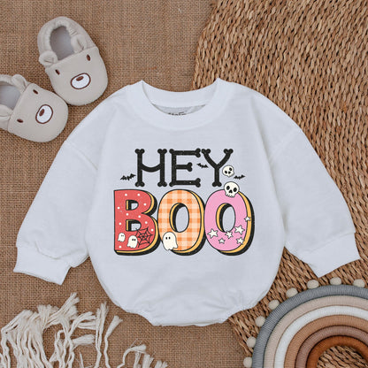 Hey Boo Retro Ghost Baby Bodysuit for Halloween Spooky Bats Skulls Spiderweb Design with Patterned Boo Text Polka Dots Plaid Stars Cute Infant Romper First Halloween Outfit