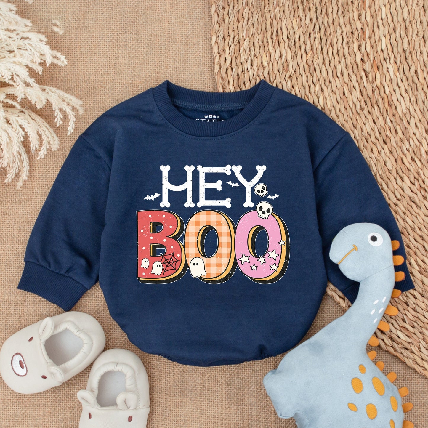 Hey Boo Retro Ghost Baby Bodysuit for Halloween Spooky Bats Skulls Spiderweb Design with Patterned Boo Text Polka Dots Plaid Stars Cute Infant Romper First Halloween Outfit