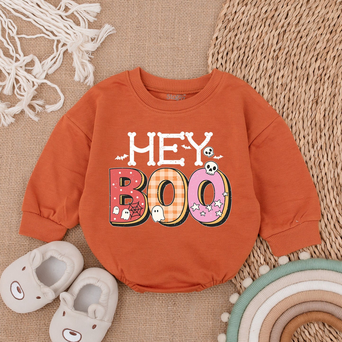 Hey Boo Retro Ghost Baby Bodysuit for Halloween Spooky Bats Skulls Spiderweb Design with Patterned Boo Text Polka Dots Plaid Stars Cute Infant Romper First Halloween Outfit