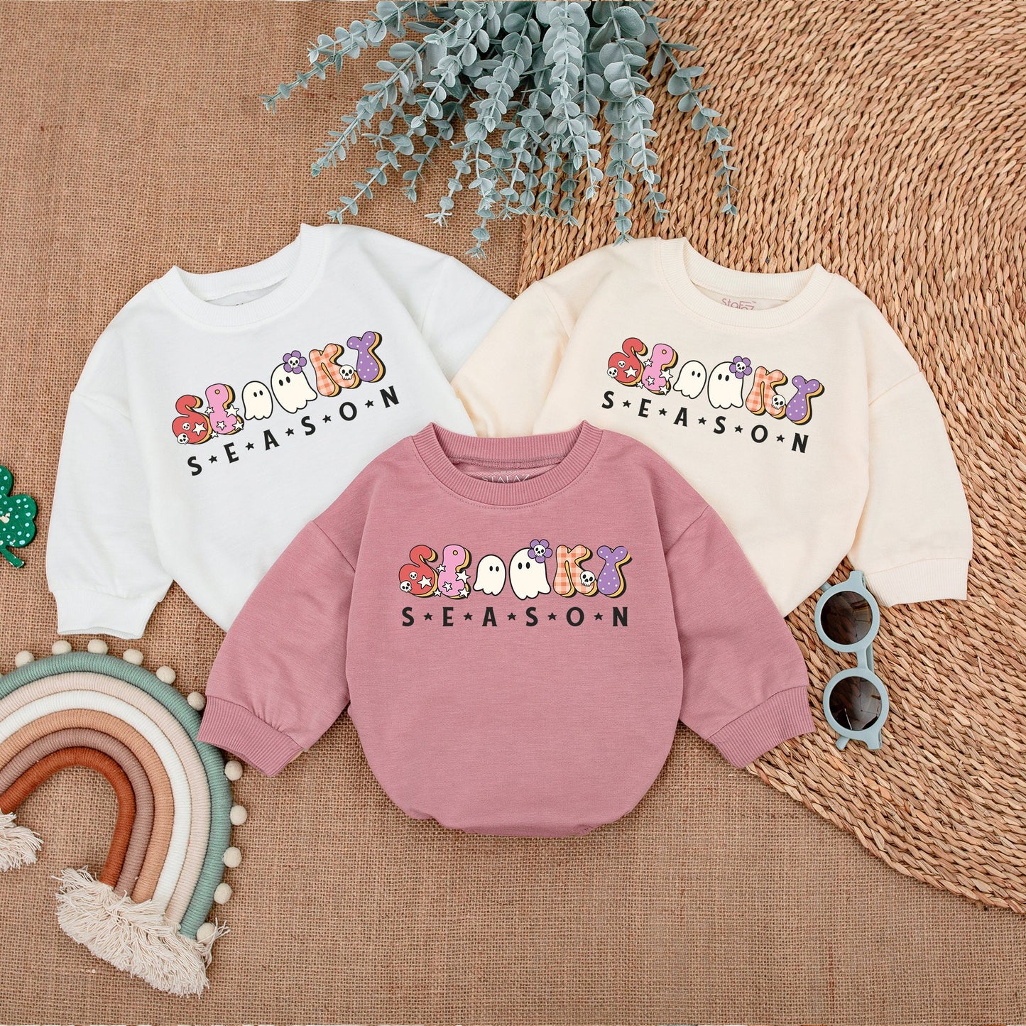 Cute Spooky Season Baby Bodysuit - Retro Halloween Romper with Ghosts, Skulls & Stars - First Halloween Outfit, Fall Baby Clothes, Soft Infant Clothing