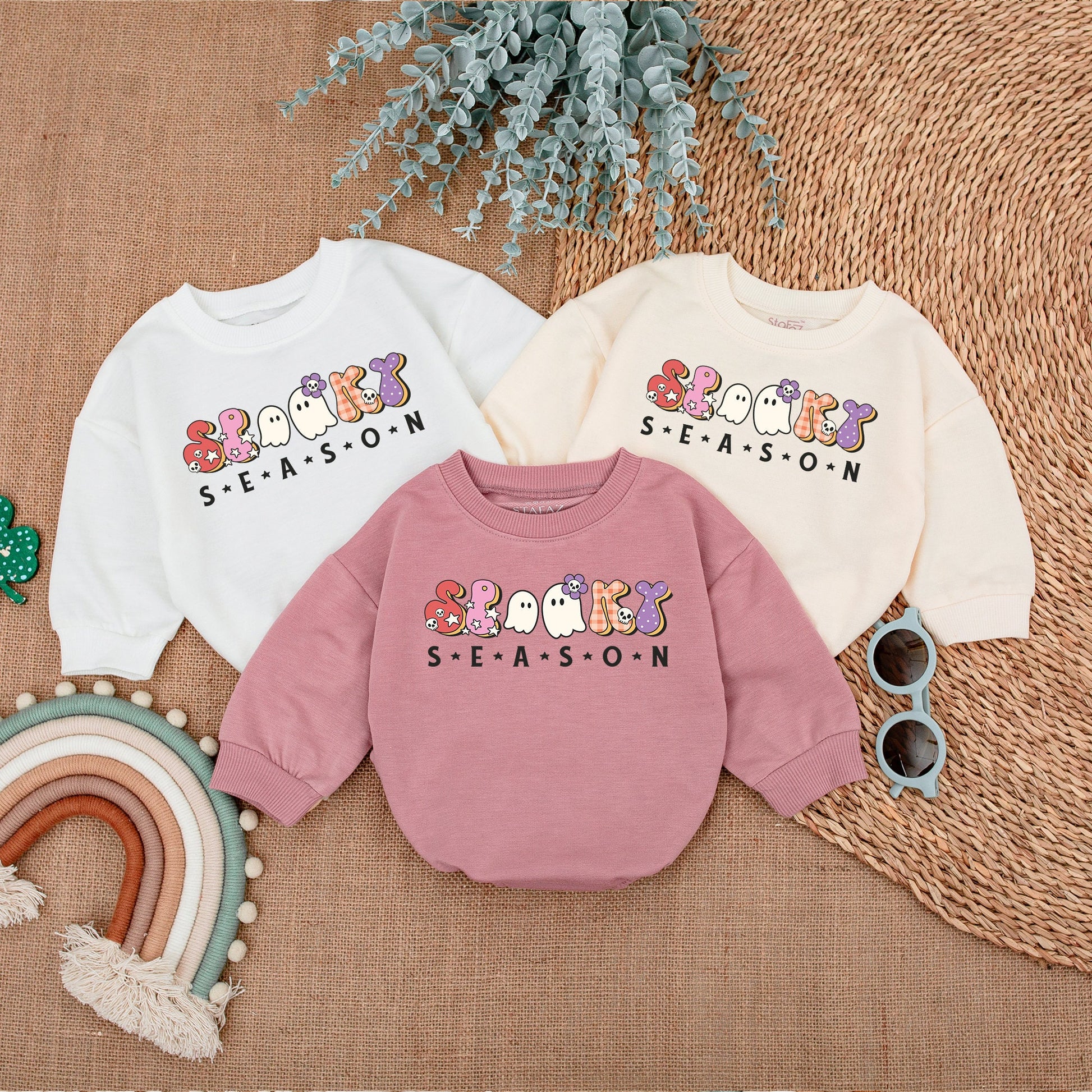 Cute Spooky Season Baby Bodysuit - Retro Halloween Romper with Ghosts, Skulls & Stars - First Halloween Outfit, Fall Baby Clothes, Soft Infant Clothing