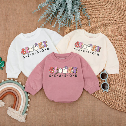 Cute Spooky Season Baby Bodysuit - Retro Halloween Romper with Ghosts, Skulls & Stars - First Halloween Outfit, Fall Baby Clothes, Soft Infant Clothing