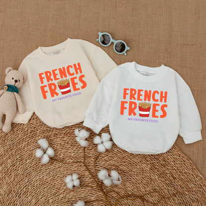 French Fries Baby Romper: Funny Unisex Bodysuit with Orange Food Design, My Favorite Food Quote, New Baby Gift, Bubble Romper