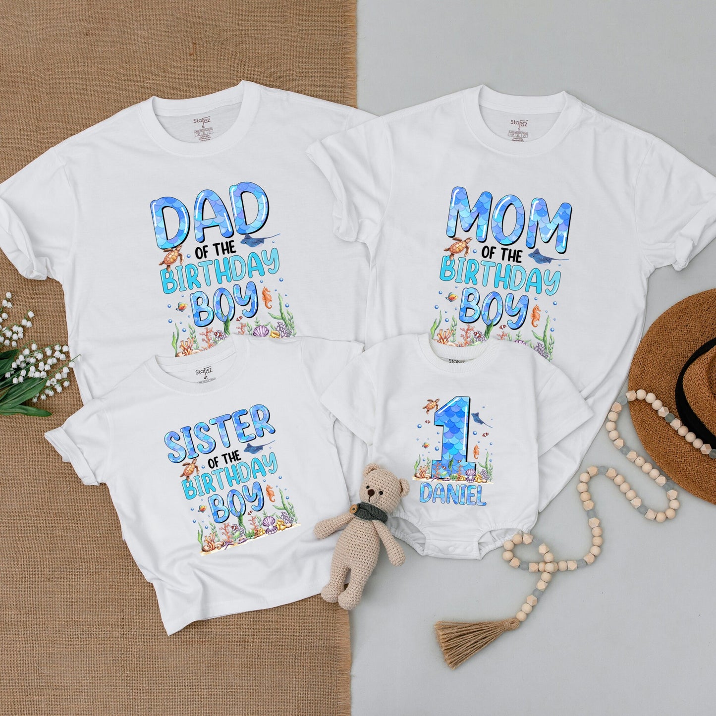 Matching Family Ocean Birthday Shirts, "Of the Birthday Boy" Sea Creatures, 1st Baby Bodysuit, Custom Daniel
